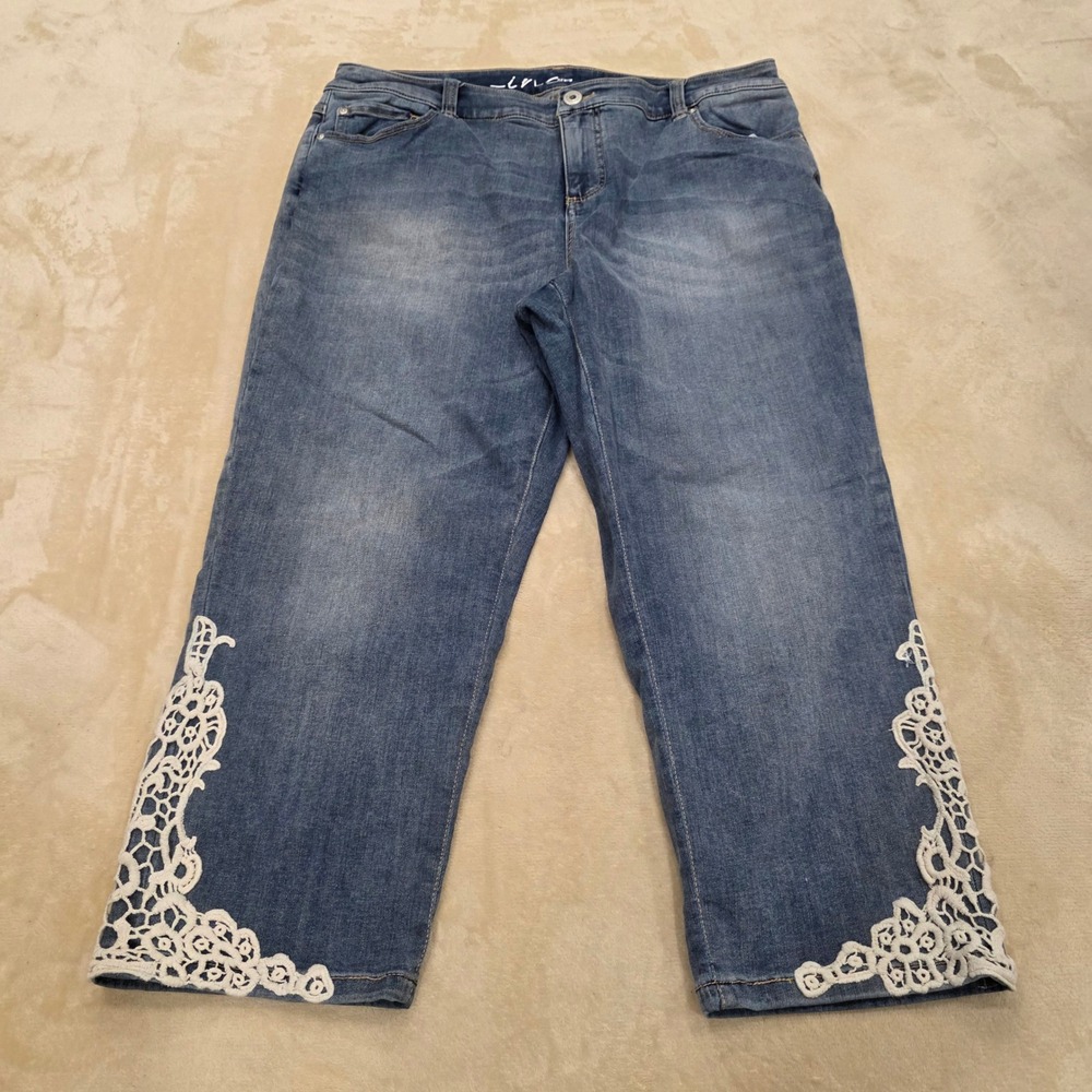INC Denim Woman Straight Leg Jeans 16W White Lace Crop Hem Blue Slim Tech Fit